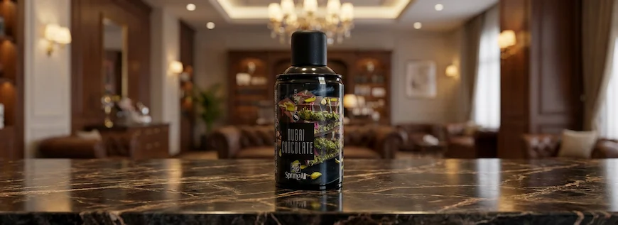Аерозольний освіжувач Dubai Chocolate Spring Air на тлі розкішного інтер'єру