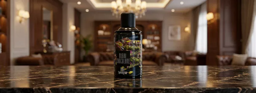 Аерозольний освіжувач Dubai Chocolate Spring Air на тлі розкішного інтер'єру